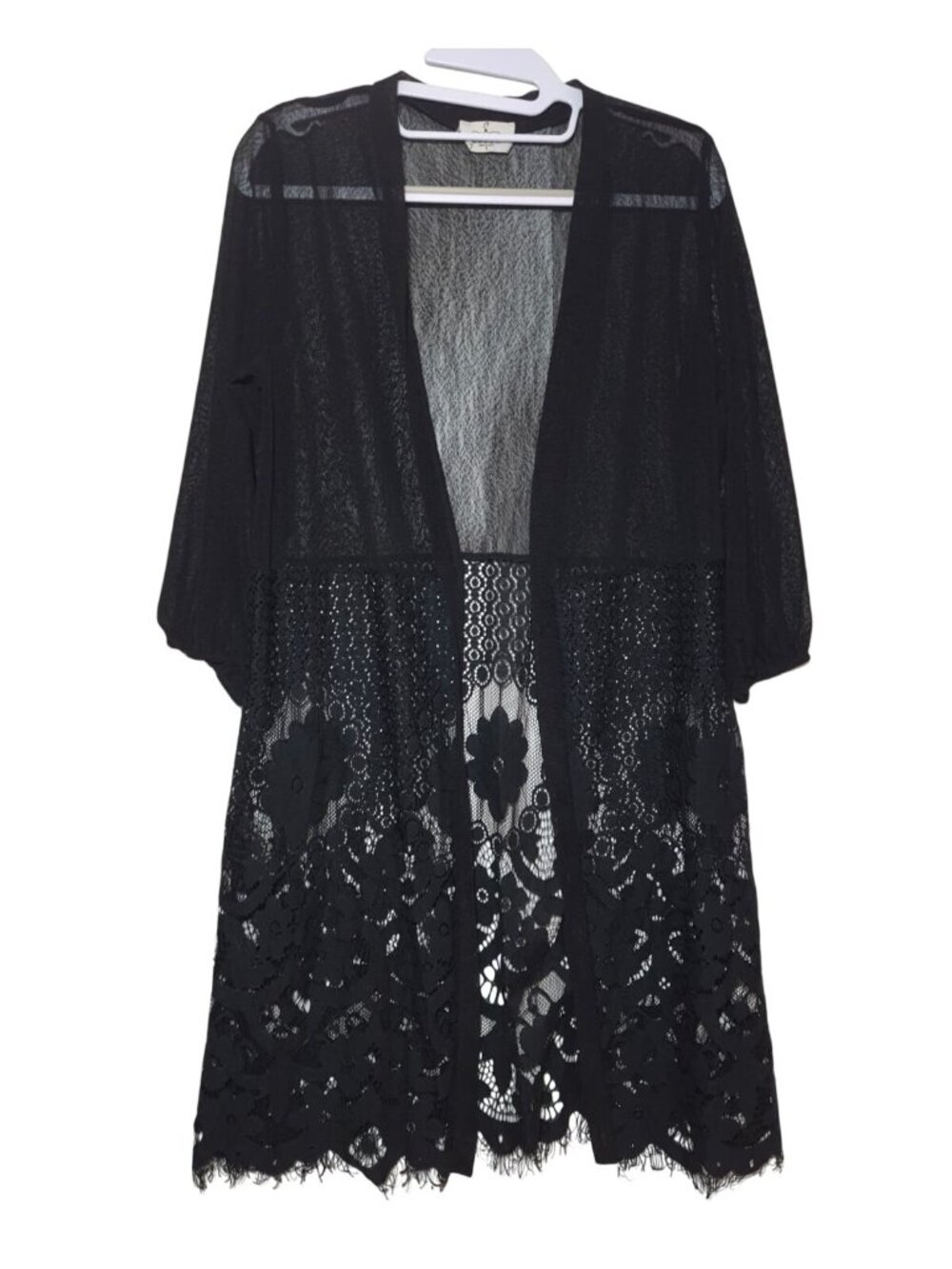 Ember Black Lace Open Front Duster Cardigan Sheer Floral Hem Size S